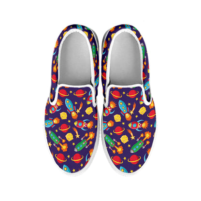 Space Rockets Pattern Print White Slip On Shoes