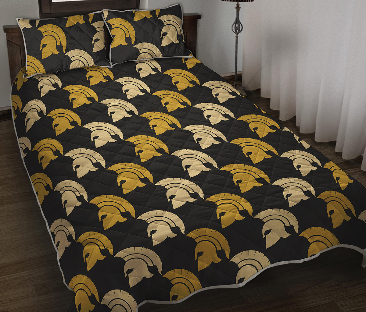 Spartan Warrior Helmet Pattern Print Quilt Bed Set