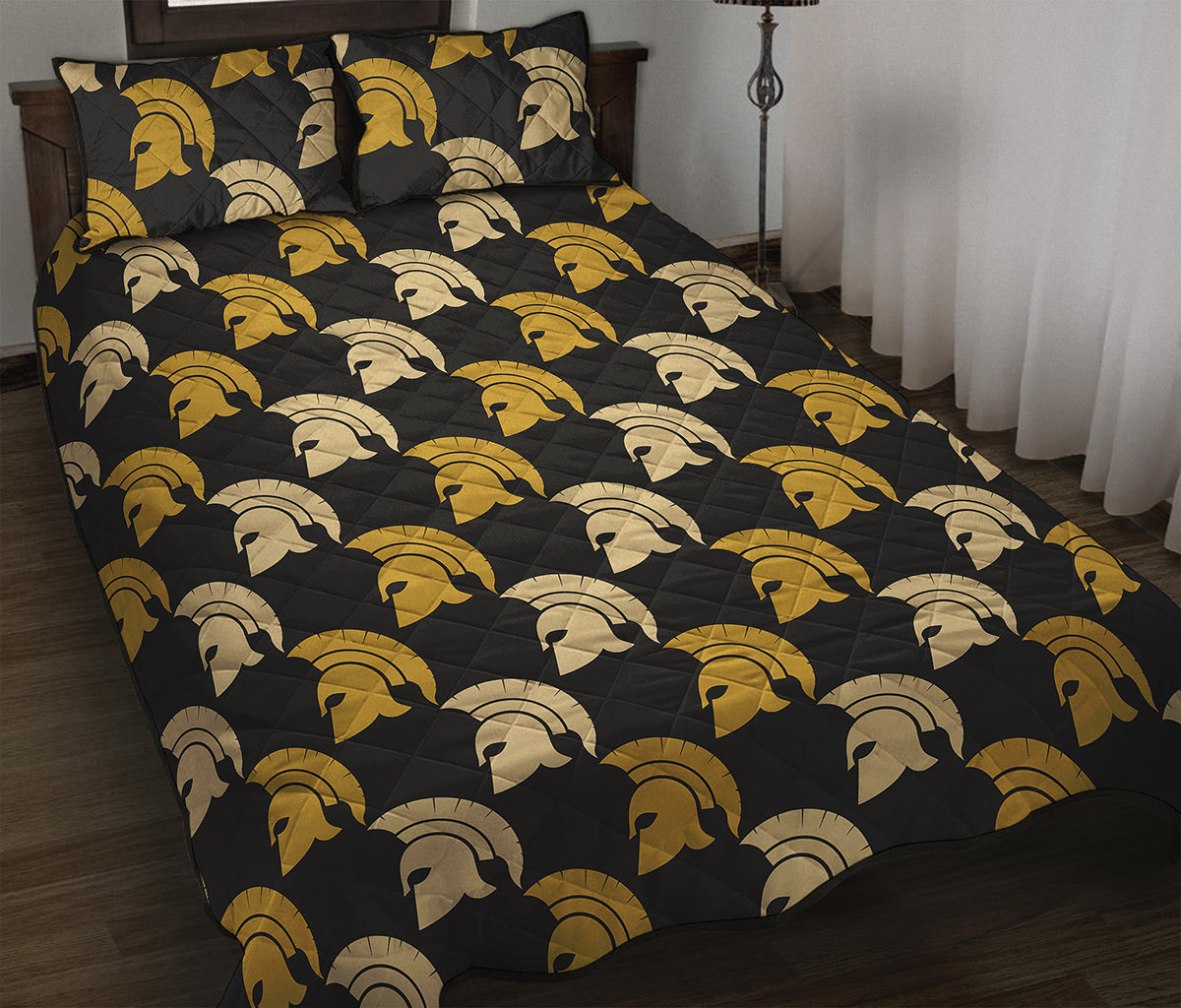 Spartan Warrior Helmet Pattern Print Quilt Bed Set