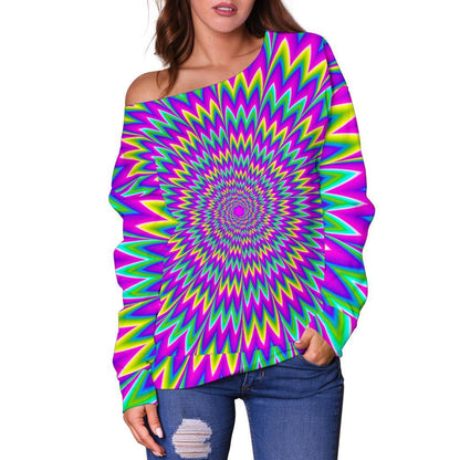Spiky Spiral Moving Optical Illusion Off Shoulder Sweatshirt GearFrost