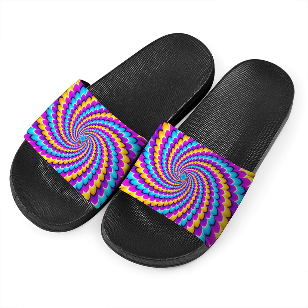 Spiral Colors Moving Optical Illusion Black Slide Sandals