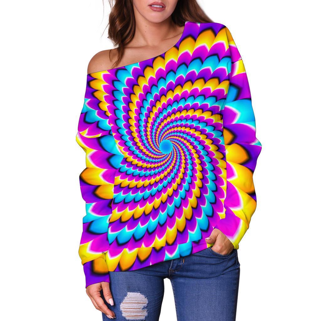 Spiral Colors Moving Optical Illusion Off Shoulder Sweatshirt GearFrost