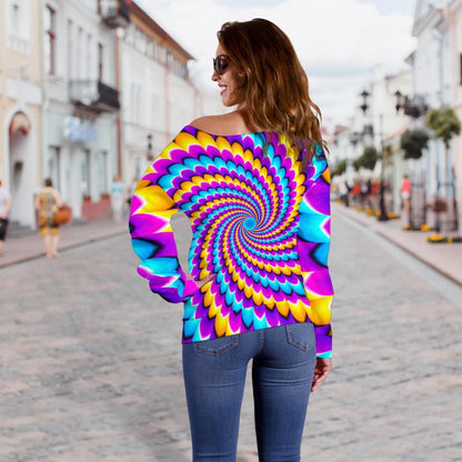 Spiral Colors Moving Optical Illusion Off Shoulder Sweatshirt GearFrost