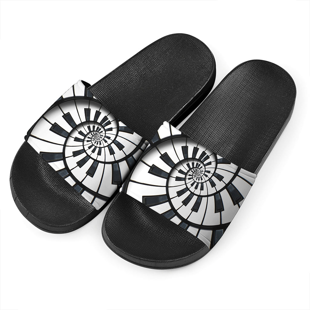Spiral Piano Keyboard Print Black Slide Sandals
