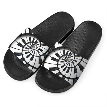 Spiral Piano Keyboard Print Black Slide Sandals