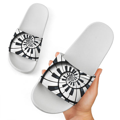 Spiral Piano Keyboard Print White Slide Sandals