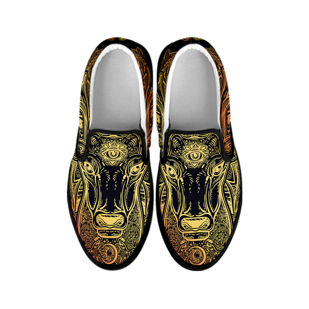 Spiritual Deer Mandala Print Black Slip On Shoes