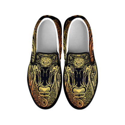 Spiritual Deer Mandala Print Black Slip On Shoes
