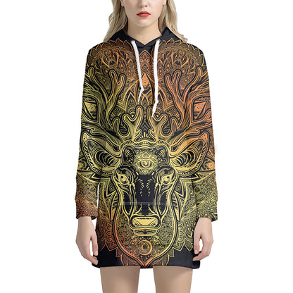 Spiritual Deer Mandala Print Pullover Hoodie Dress