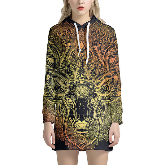 Spiritual Deer Mandala Print Pullover Hoodie Dress