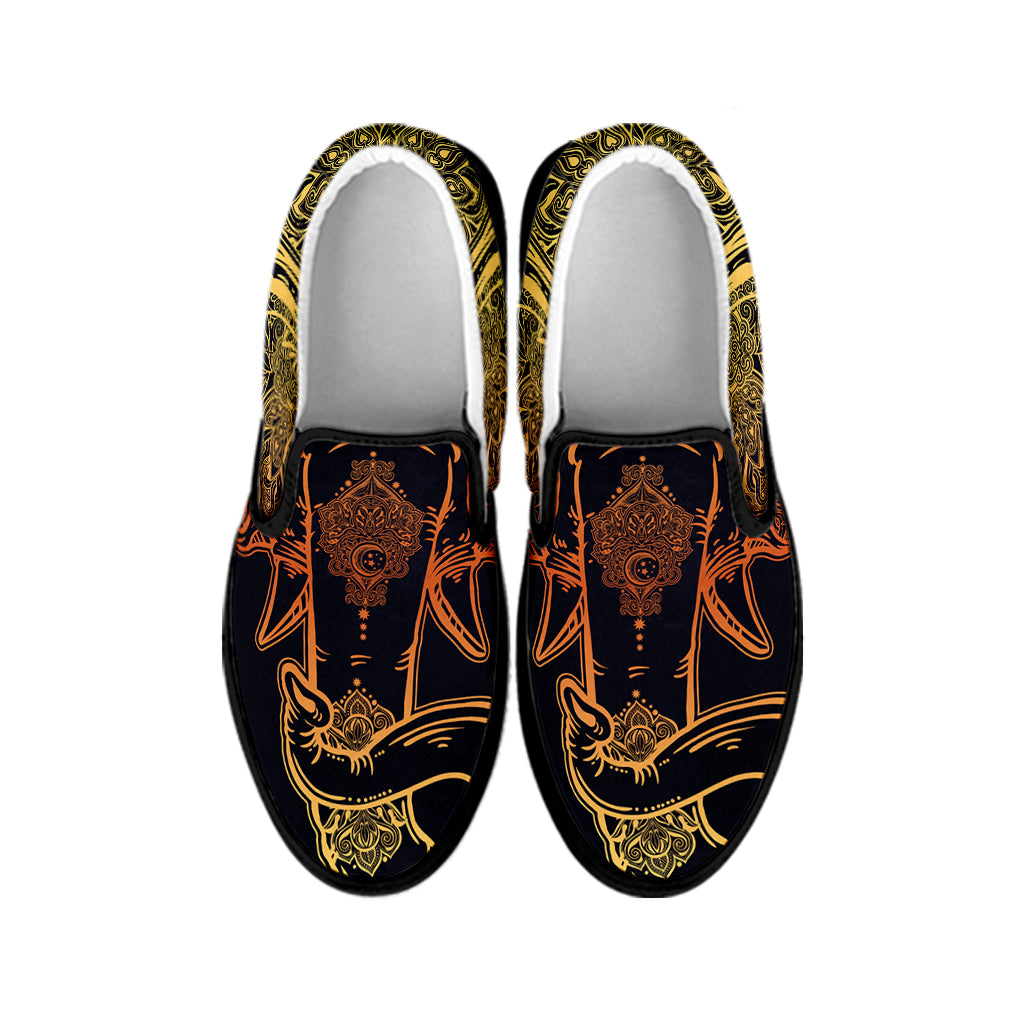 Spiritual Elephant Mandala Print Black Slip On Shoes
