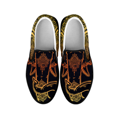 Spiritual Elephant Mandala Print Black Slip On Shoes