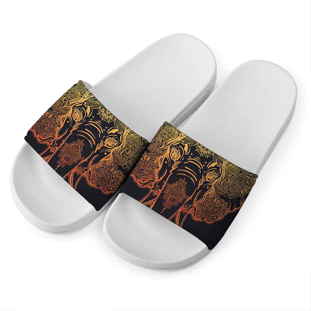 Spiritual Elephant Mandala Print White Slide Sandals