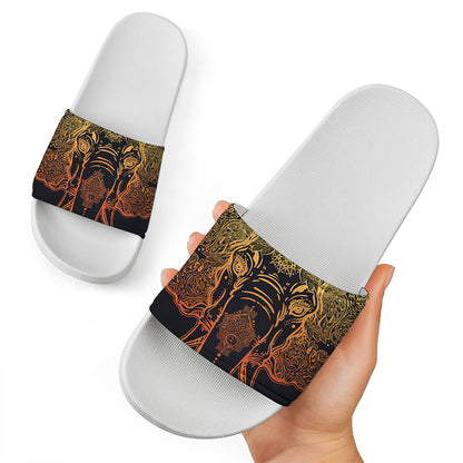 Spiritual Elephant Mandala Print White Slide Sandals