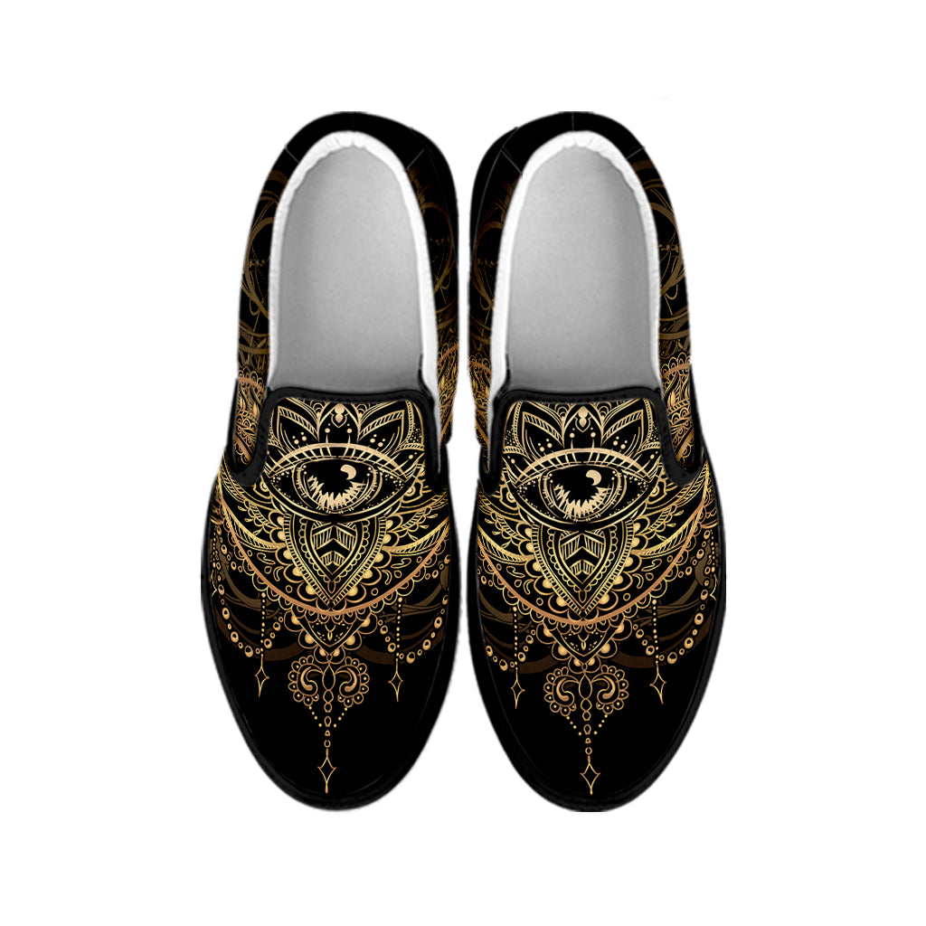 Spiritual Hamsa Hand Of Fatima Print Black Slip On Shoes