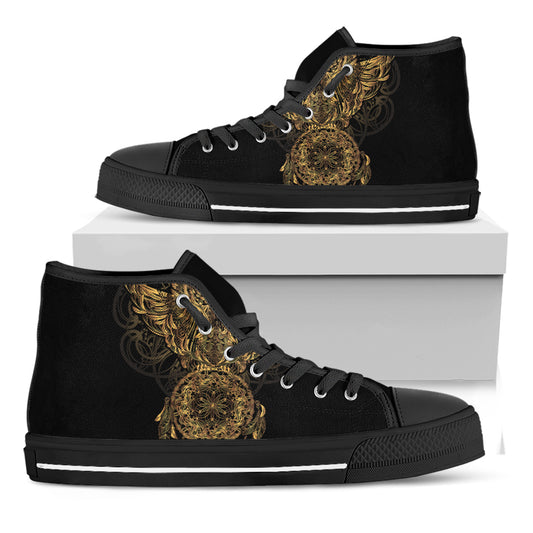 Spiritual Owl With Dreamcatcher Print Black High Top Shoes