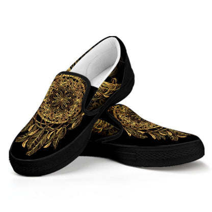 Spiritual Owl With Dreamcatcher Print Black Slip On Shoes