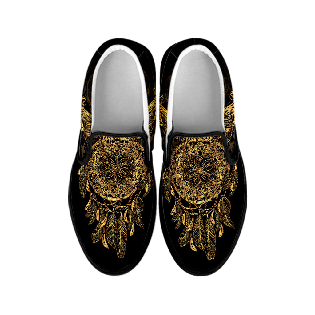 Spiritual Owl With Dreamcatcher Print Black Slip On Shoes