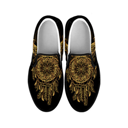 Spiritual Owl With Dreamcatcher Print Black Slip On Shoes