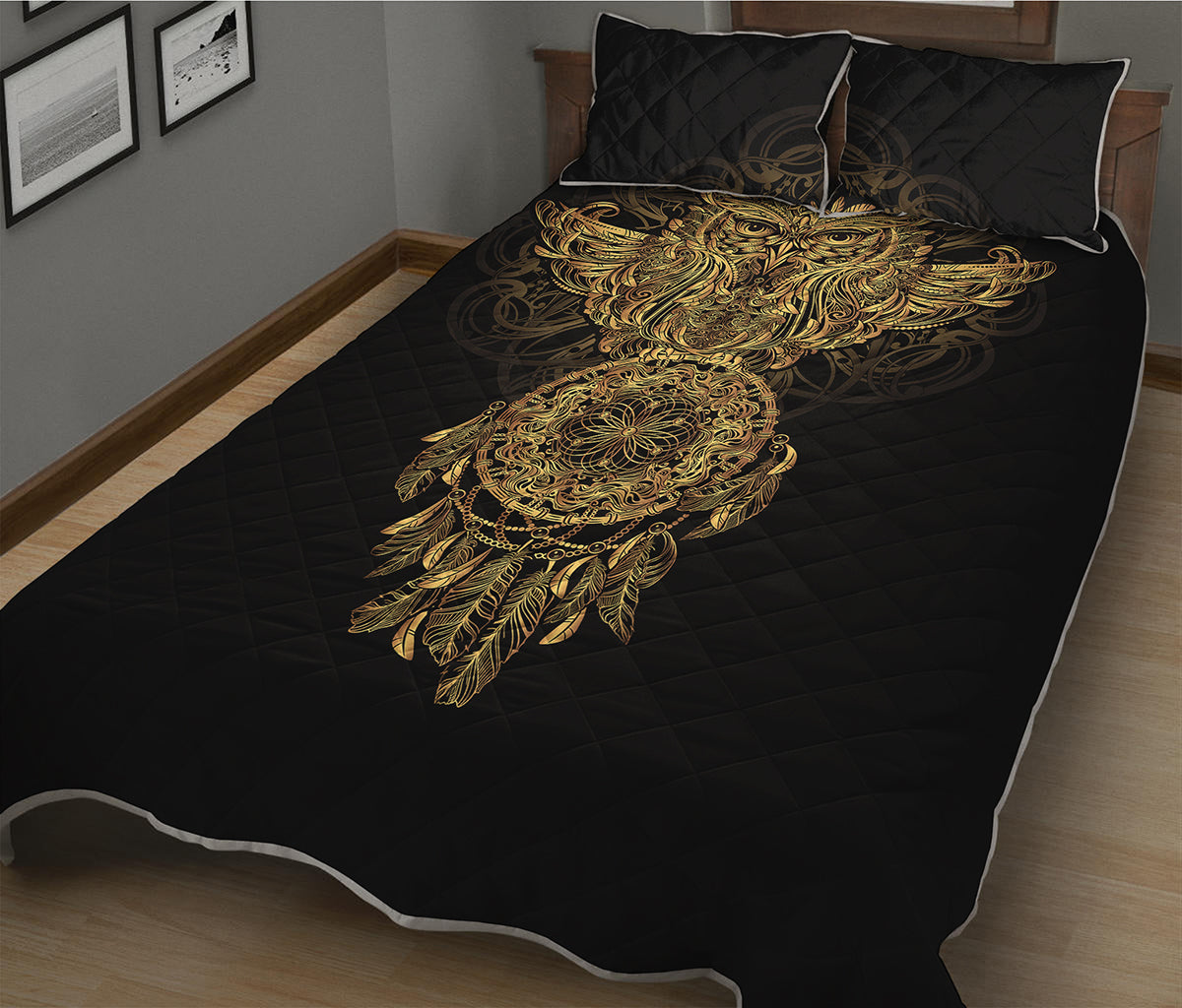 Spiritual Owl With Dreamcatcher Print Quilt Bed Set