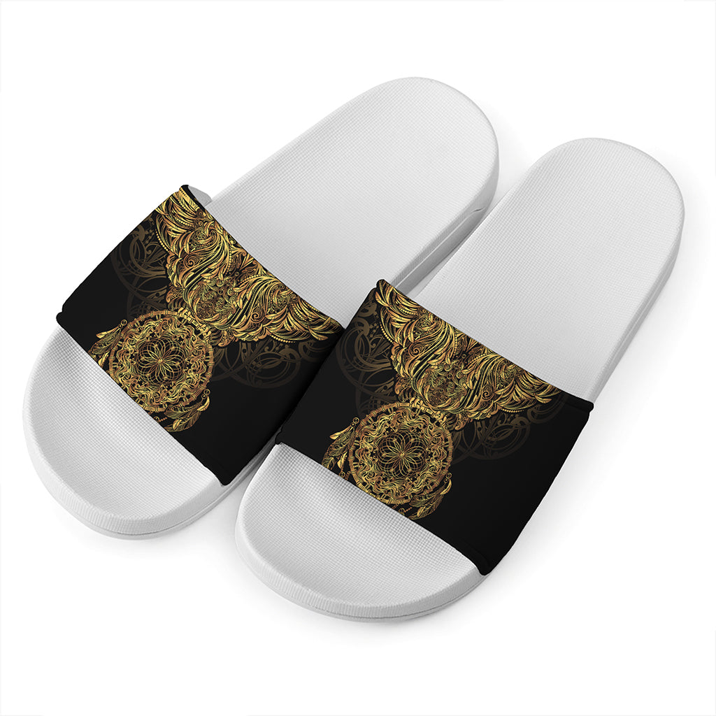 Spiritual Owl With Dreamcatcher Print White Slide Sandals