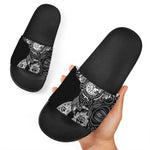 Spiritual Owl With Sun And Moon Print Black Slide Sandals
