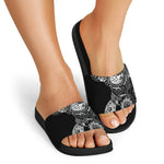 Spiritual Owl With Sun And Moon Print Black Slide Sandals