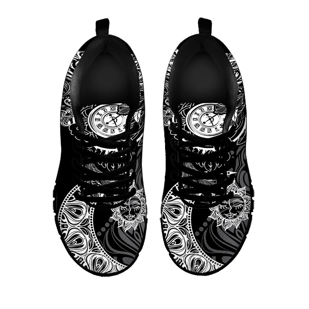 Spiritual Owl With Sun And Moon Print Black Sneakers