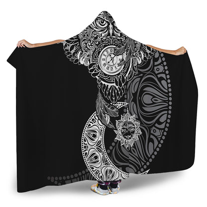 Spiritual Owl With Sun And Moon Print Hooded Blanket