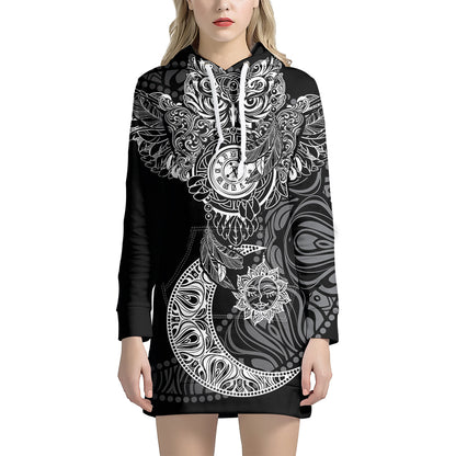 Spiritual Owl With Sun And Moon Print Pullover Hoodie Dress