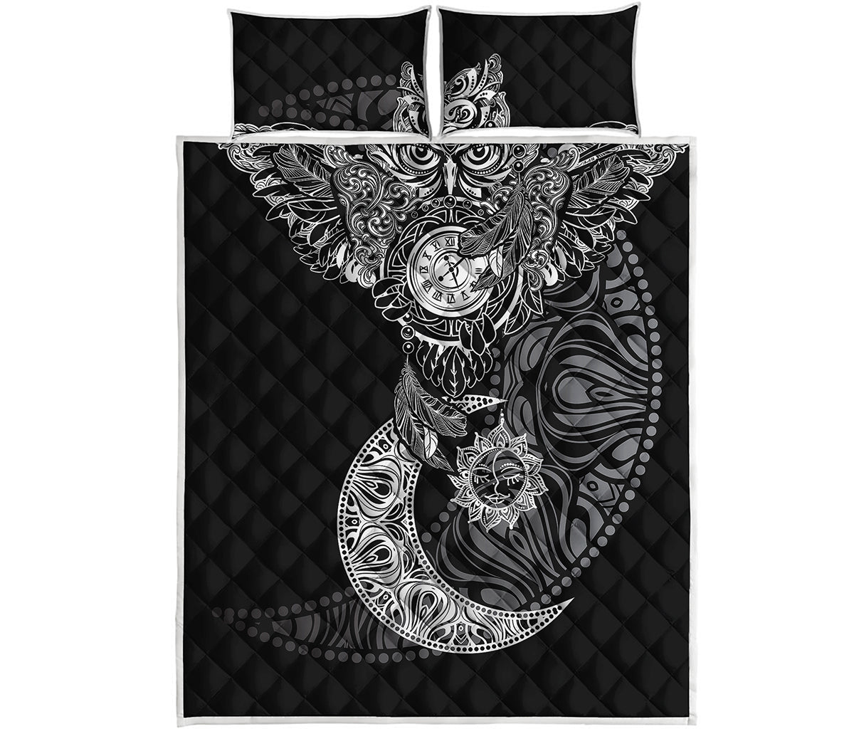 Spiritual Owl With Sun And Moon Print Quilt Bed Set
