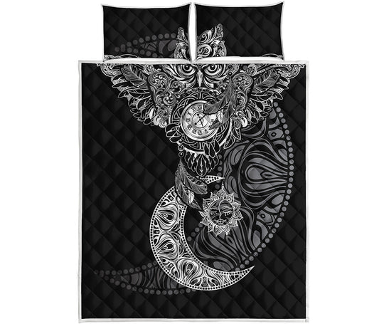 Spiritual Owl With Sun And Moon Print Quilt Bed Set