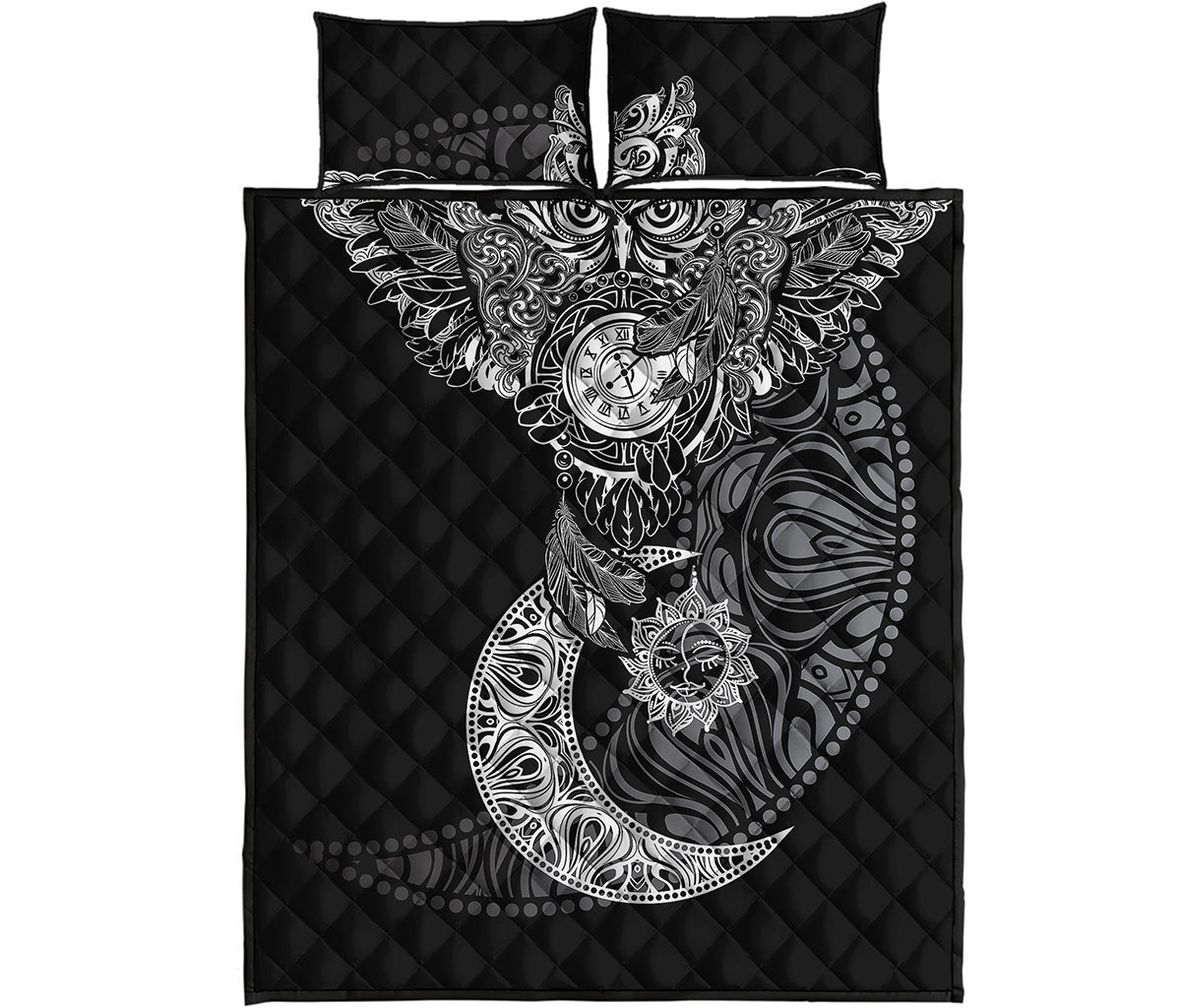 Spiritual Owl With Sun And Moon Print Quilt Bed Set