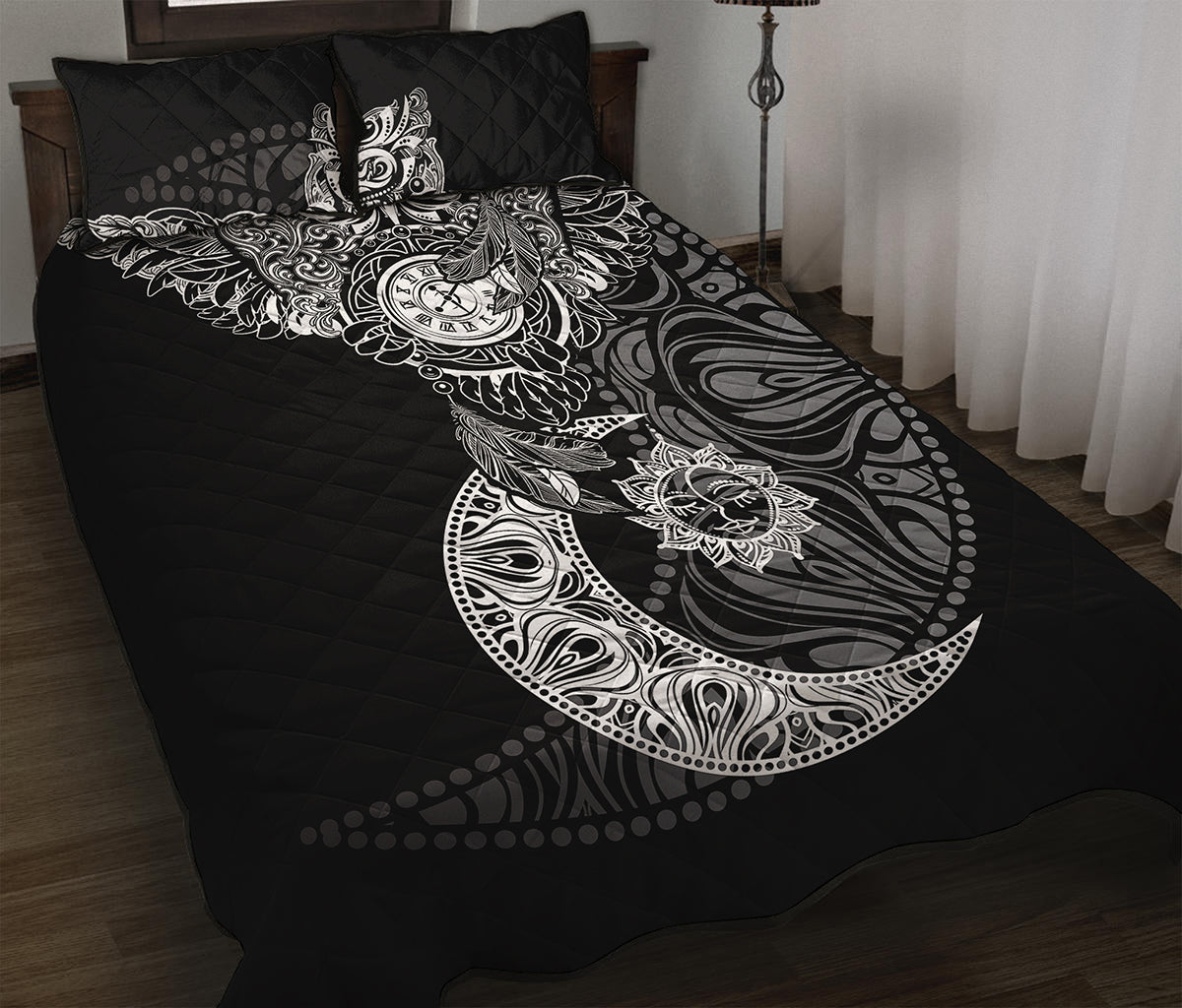 Spiritual Owl With Sun And Moon Print Quilt Bed Set
