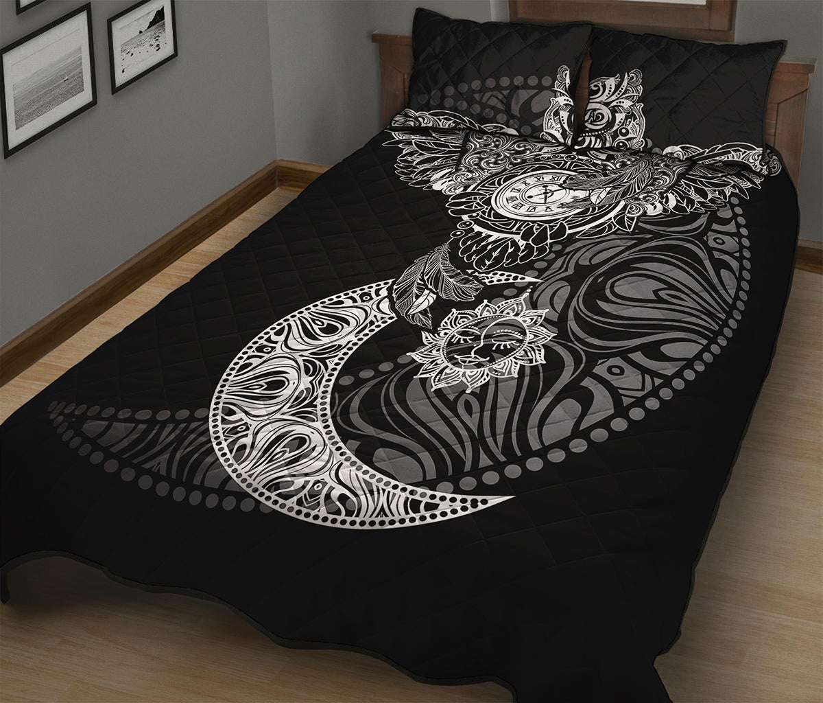 Spiritual Owl With Sun And Moon Print Quilt Bed Set