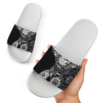 Spiritual Owl With Sun And Moon Print White Slide Sandals