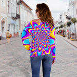 Splashing Colors Moving Optical Illusion Off Shoulder Sweatshirt GearFrost