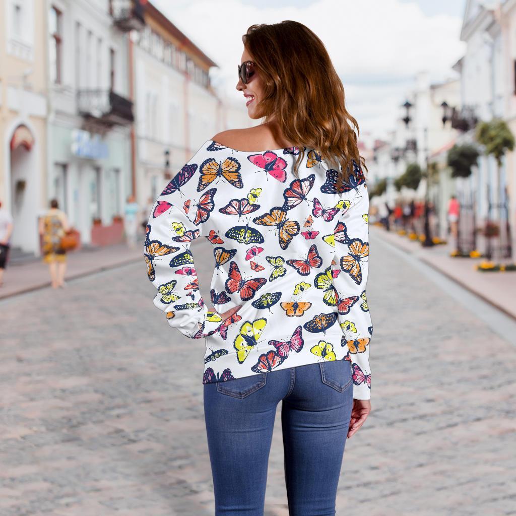 Spring Butterfly Pattern Print Off Shoulder Sweatshirt GearFrost