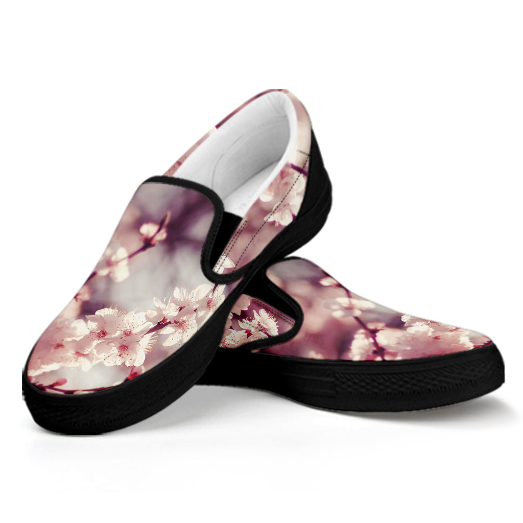 Spring Cherry Blossom Print Black Slip On Shoes