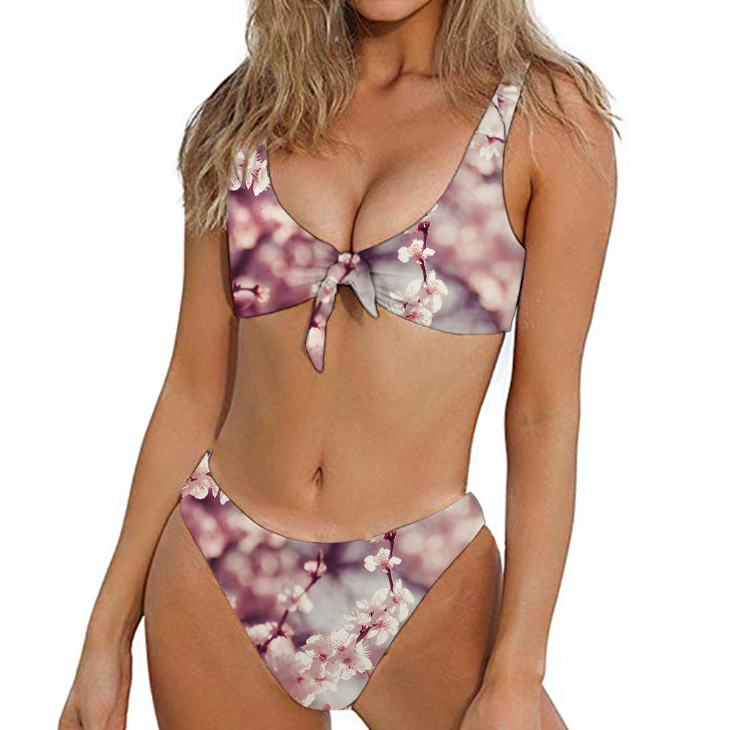 Spring Cherry Blossom Print Front Bow Tie Bikini