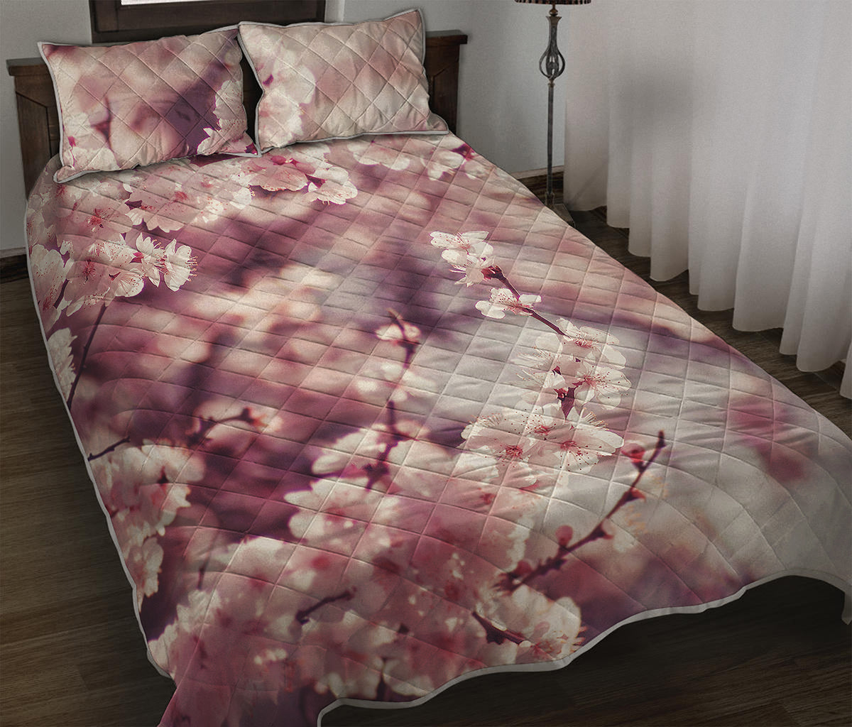 Spring Cherry Blossom Print Quilt Bed Set