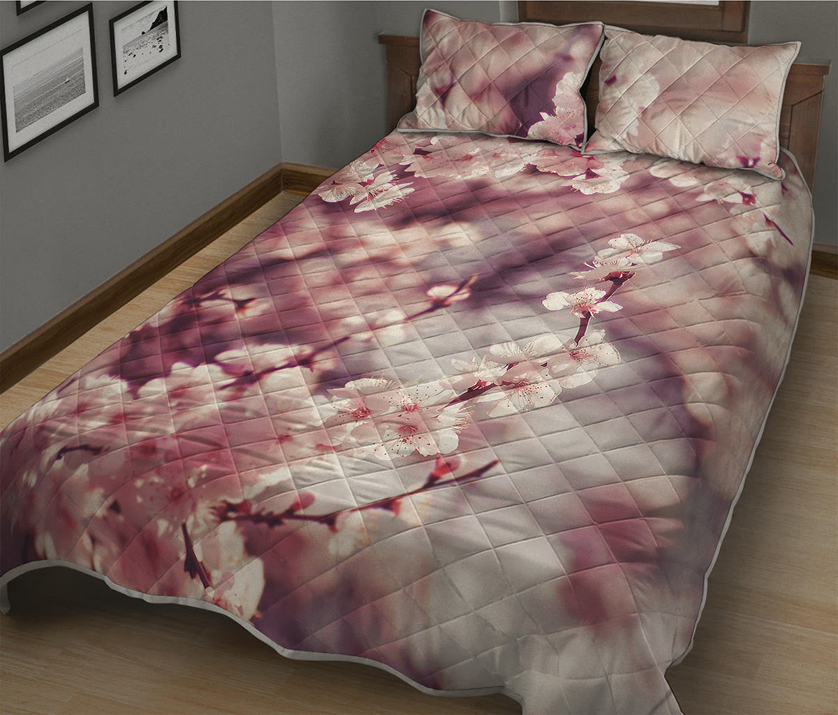Spring Cherry Blossom Print Quilt Bed Set