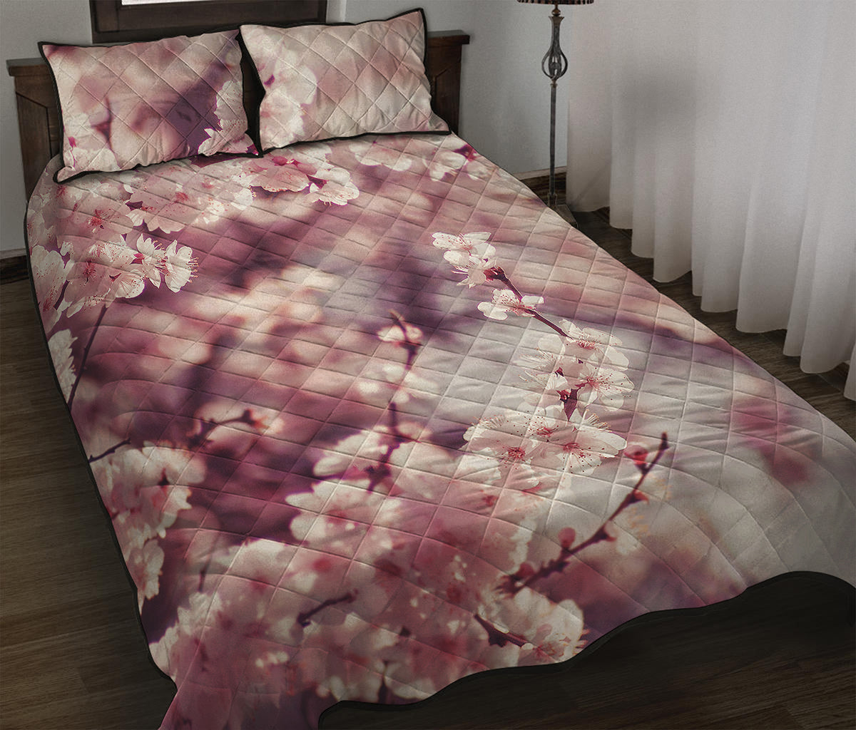 Spring Cherry Blossom Print Quilt Bed Set