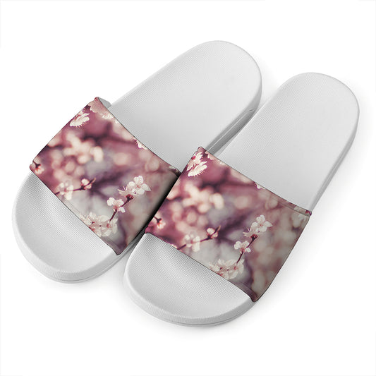 Spring Cherry Blossom Print White Slide Sandals