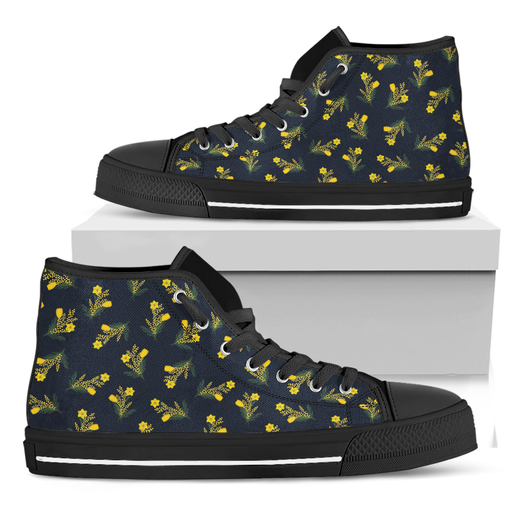 Spring Daffodil Flower Pattern Print Black High Top Shoes