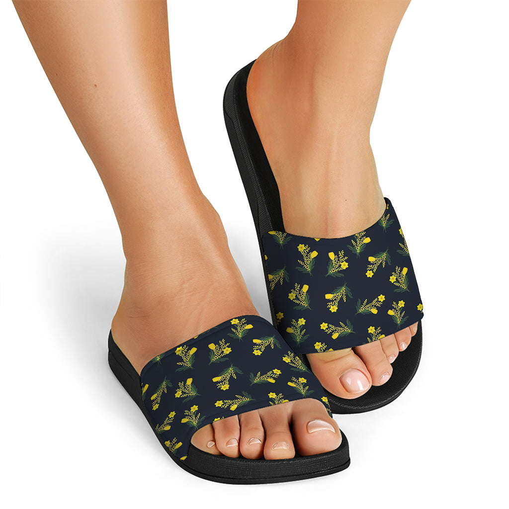 Spring Daffodil Flower Pattern Print Black Slide Sandals