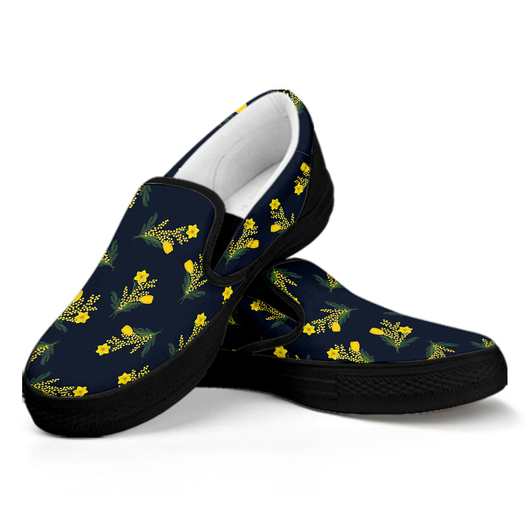 Spring Daffodil Flower Pattern Print Black Slip On Shoes