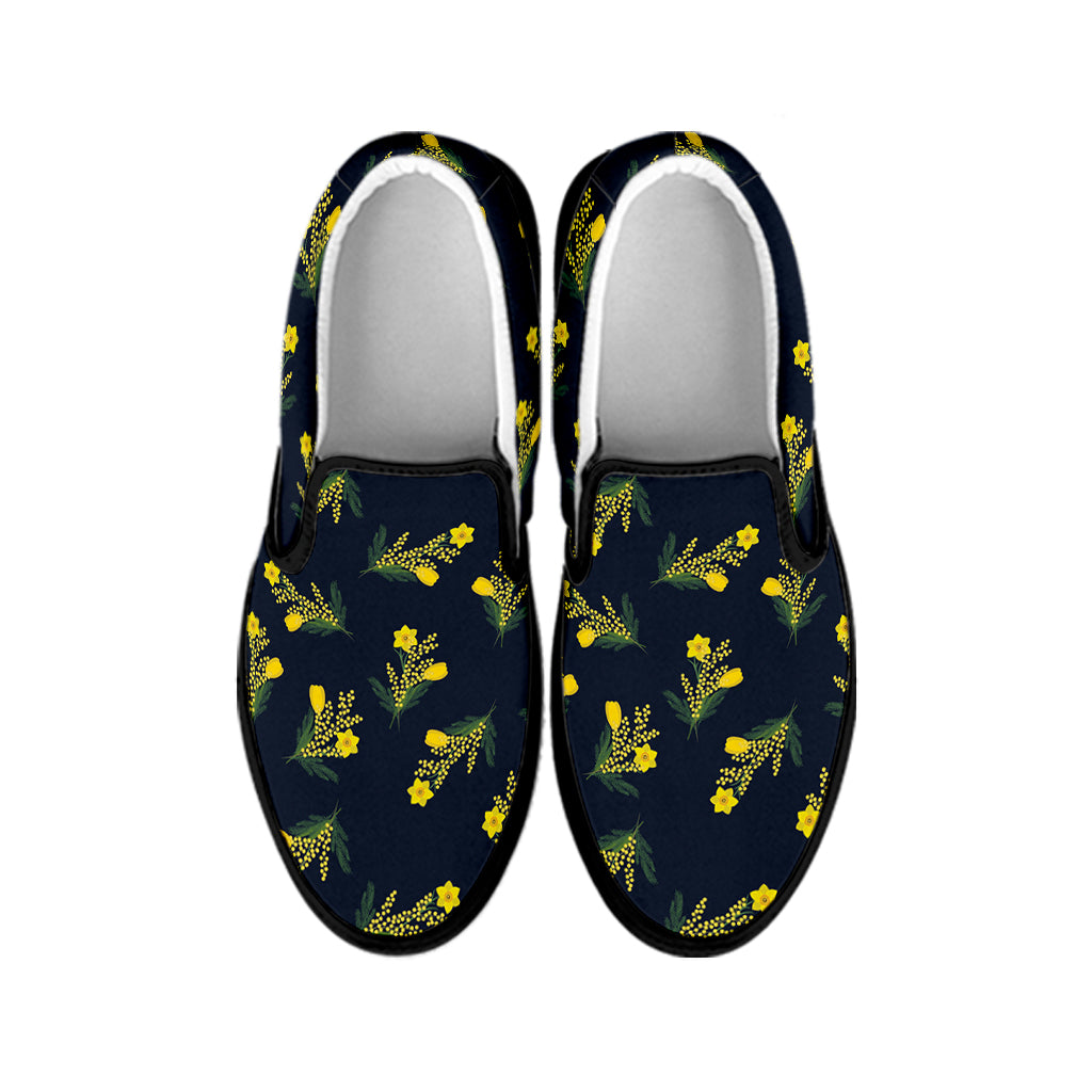 Spring Daffodil Flower Pattern Print Black Slip On Shoes