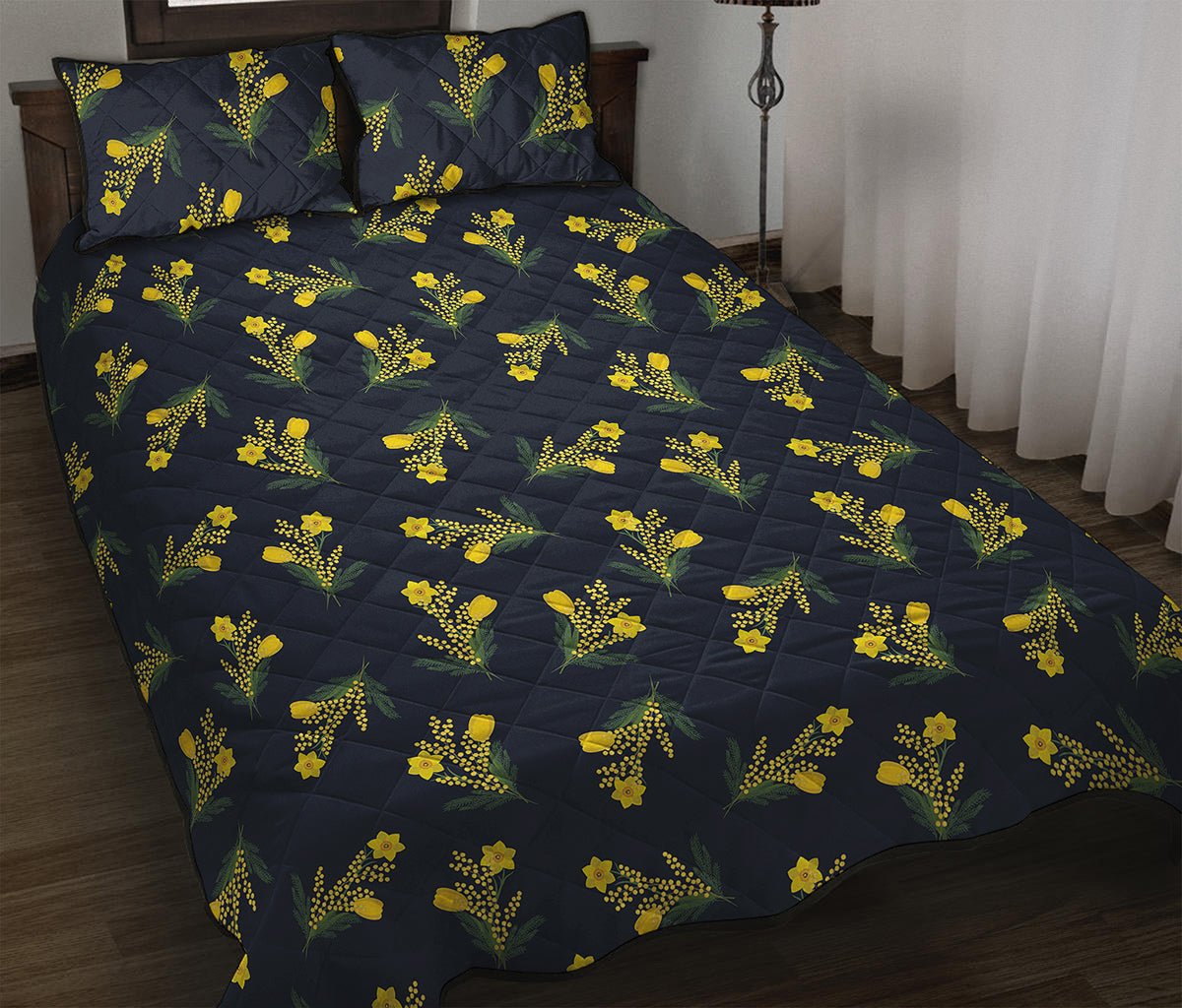 Spring Daffodil Flower Pattern Print Quilt Bed Set