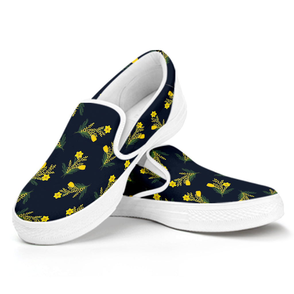 Spring Daffodil Flower Pattern Print White Slip On Shoes